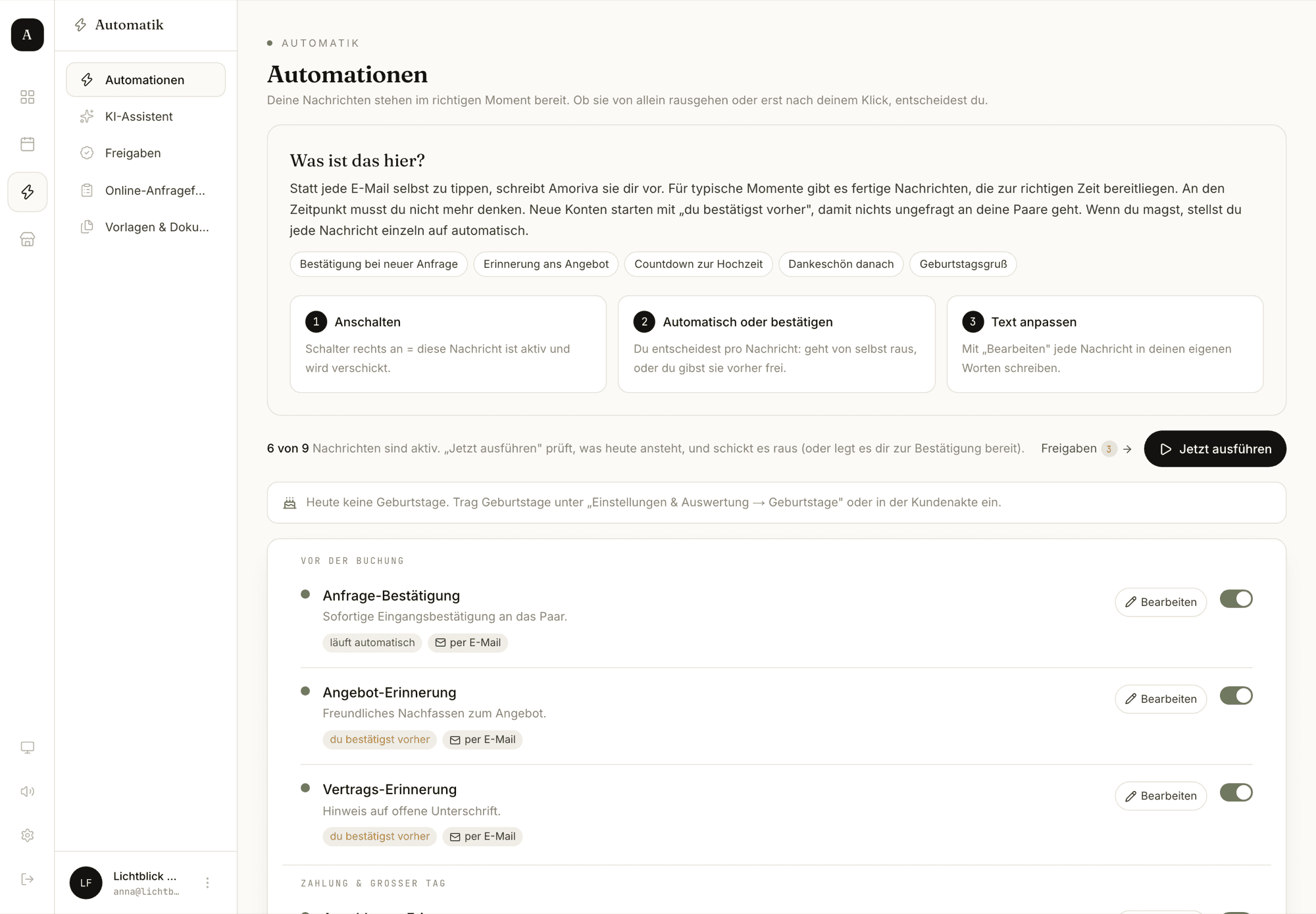 Amoriva Dashboard, Bereich Automationen