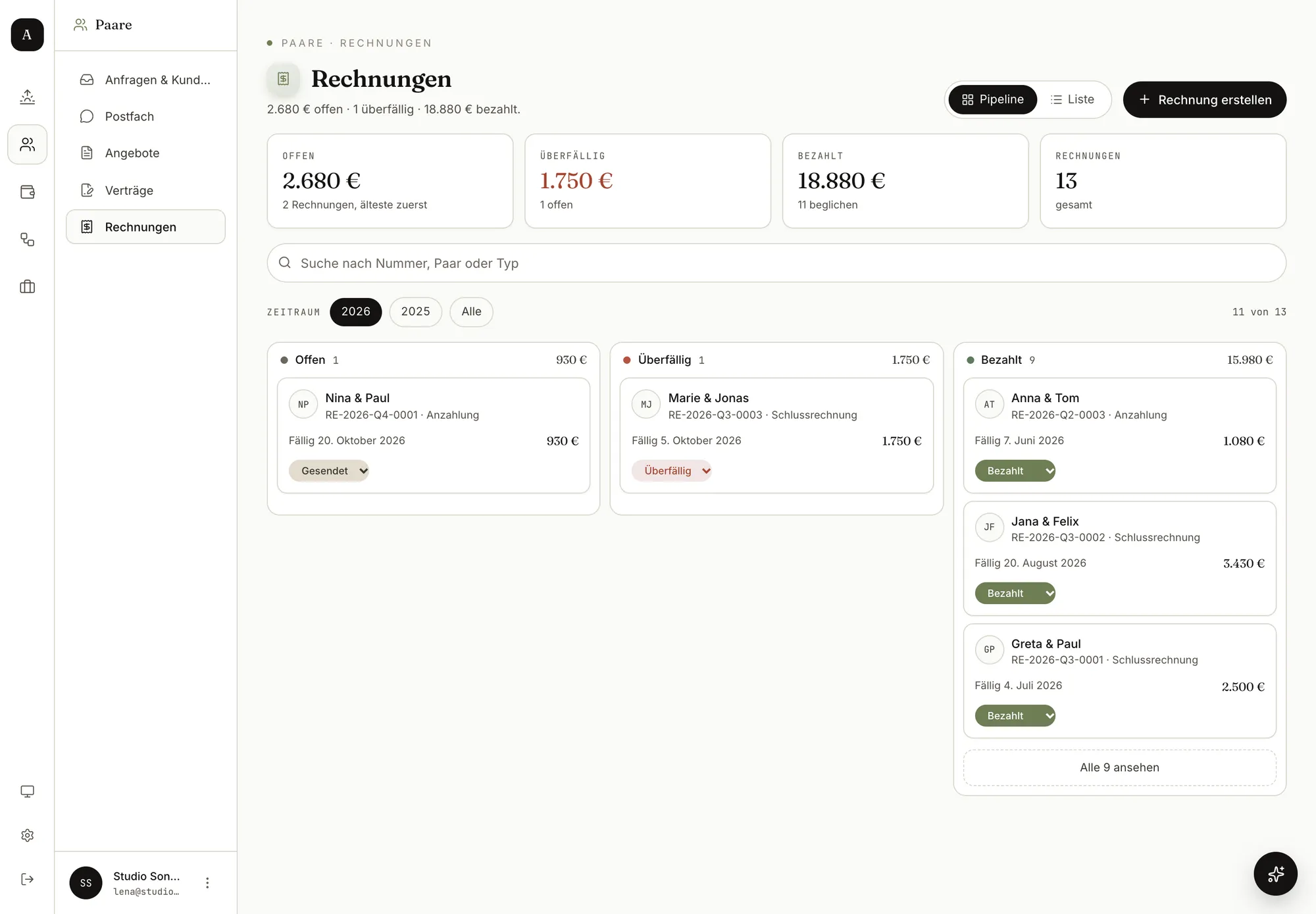 Amoriva Dashboard, Rechnungen: offen, überfällig und bezahlt, fortlaufend nummeriert