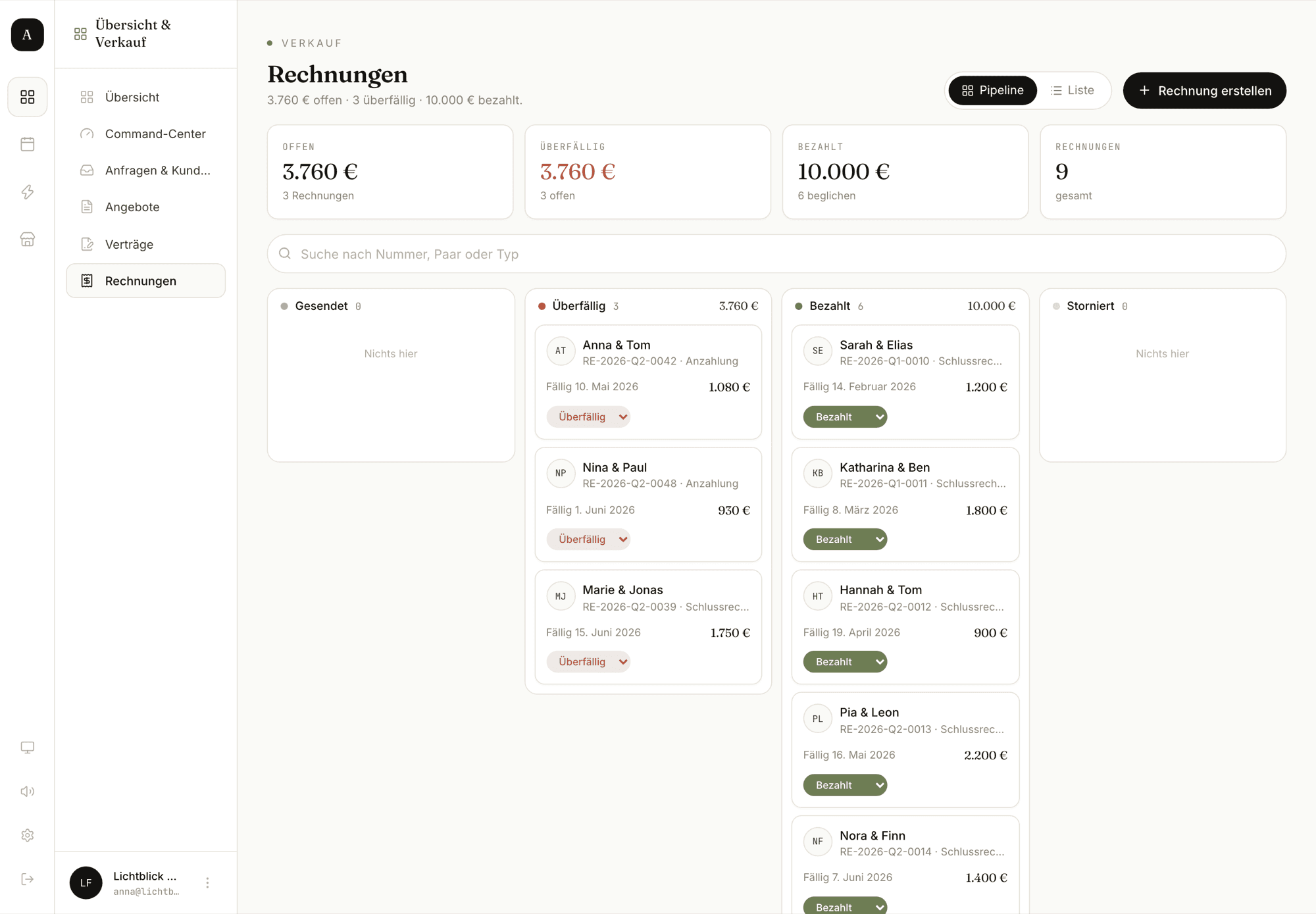 Amoriva Dashboard, Bereich Rechnungen